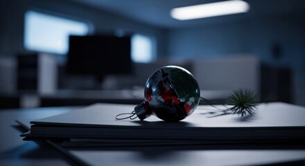 Fototapeta premium Reflective globe Christmas ornament and a small pine branch on a stack of papers in a quiet, dimly lit office, representing holiday season at work.