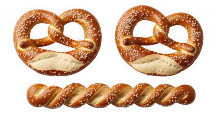 Two pretzels and one pretzel stick isolated on transparent background, close up
