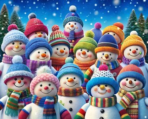 Group of Cheerful Snowmen in Colorful Hats