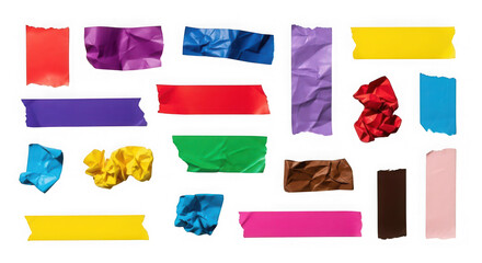 Collection of colorful crumpled tape pieces isolated on transparent background, close up