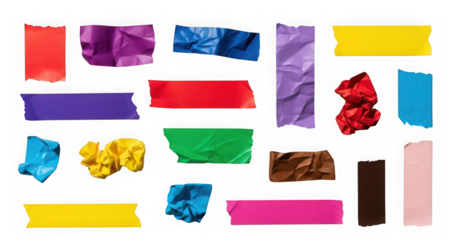 Collection of colorful crumpled tape pieces isolated on transparent background, close up - Powered by Adobe