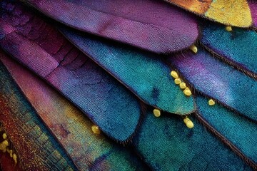 Colorful butterfly wing scales with iridescent hues and small yellow beads in close-up.