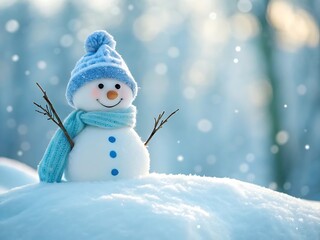 Happy snowman on snowy day outdoors