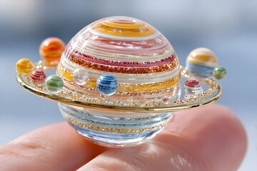 A tiny glass planet with colorful rings and miniature orbiting spheres is held gently between human fingers.