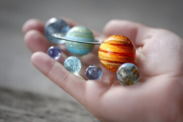 A hand holds small colorful model planets.