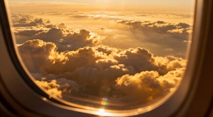 Aerial view of clouds from airplane window during golden hour sunlight