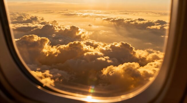 Aerial view of clouds from airplane window during golden hour sunlight