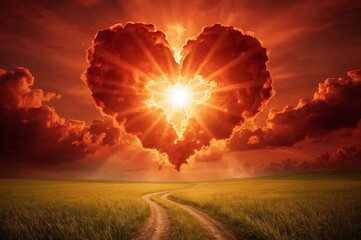 Heart shaped cloud over peaceful field landscape
