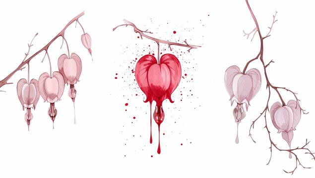 Bleeding Heart Vine Ink-Splash Triptych with Dripping Central Bloom