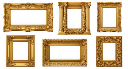 Collection of six ornate golden picture frames isolated on transparent background