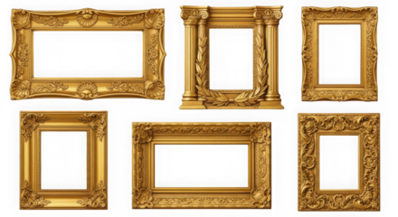 Collection of six ornate golden picture frames isolated on transparent background