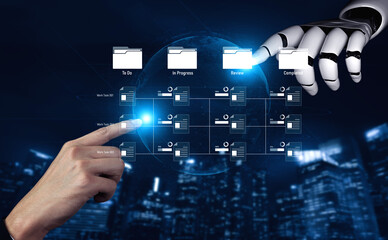 AI managing task workflow system, tracking document progress, analyzing productivity levels, and automating the status flow across structured project stages. Vouch