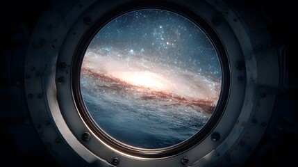 A galaxy twists brightly beyond a spaceship window.