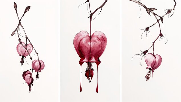 Bleeding Heart Vine Ink-Splash Triptych with Dripping Central Bloom