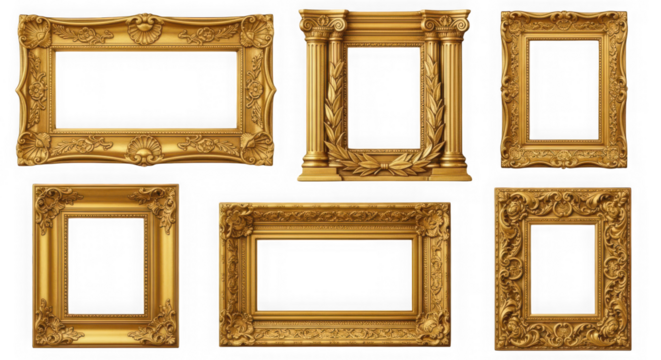 Collection of six ornate golden picture frames isolated on transparent background