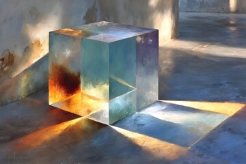 A translucent glass cube refracts colorful sunlight on a concrete floor in a sunlit room.