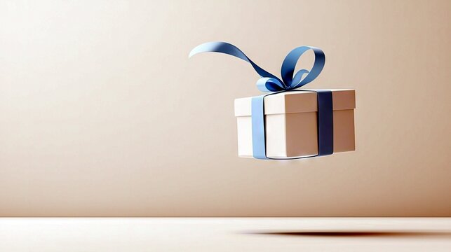 A white gift box with a blue ribbon is suspended in mid-air, creating a sense of surprise and magic.