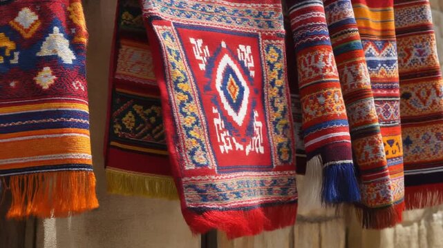 Close-Up of Vibrant, Handwoven Textiles with Intricate Designs