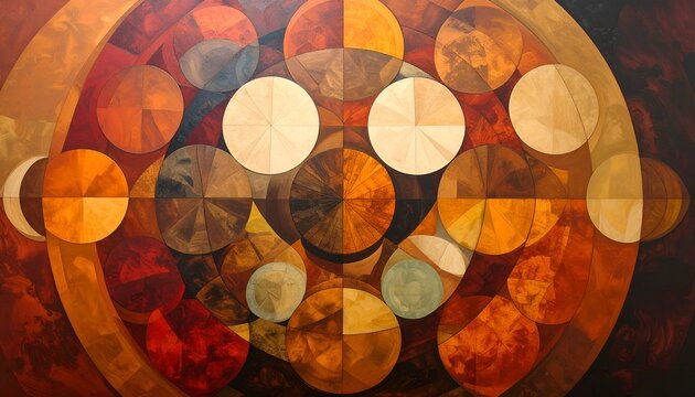 Abstract painting intersecting circles in warm tones, segmented with various colors