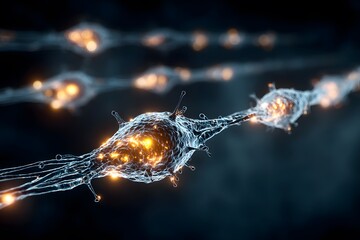 A glowing neuron transmits electrical signals in a dark, futuristic neural network.