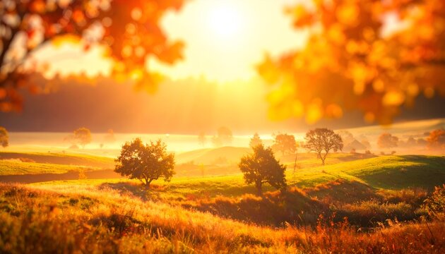 Sunny autumn landscape bathed in golden light, trees, rolling hills and misty ground