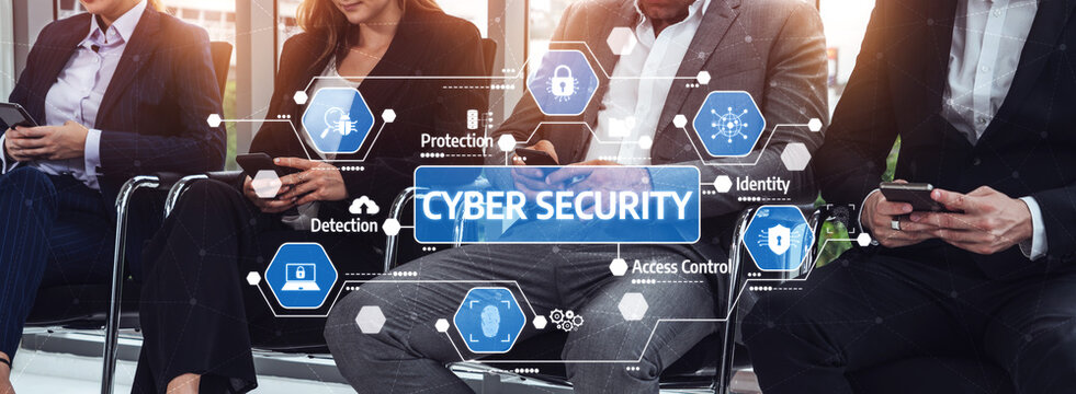 Business professionals engage in a discussion focused on cyber security, showcasing digital icons related to protection, identity management, and access control measures. Tessel