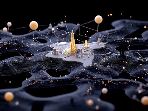 An abstract 3D representation of a city or network with golden skyscrapers, interconnected nodes, and glowing lights on a dark, wavy surface.