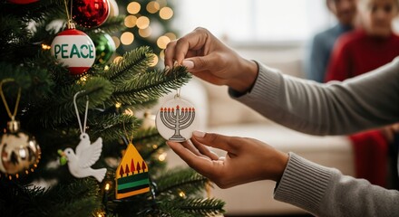 Close-up of a Black woman's hands decorating a festive Christmas tree with diverse holiday ornaments, including a menorah, dove, and Kwanzaa symbol, celebrating multicultural traditions.