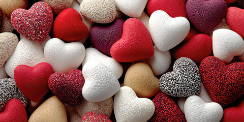 Full Frame Background of Assorted Red White and Beige Textured Heart Shapes