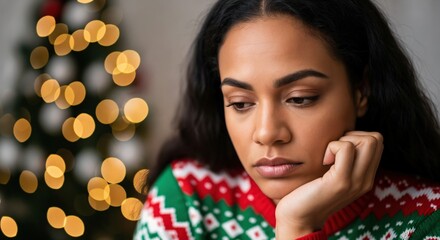 Sad young biracial woman in a festive Christmas sweater looking down with a blurred holiday tree in the background, feeling lonely.