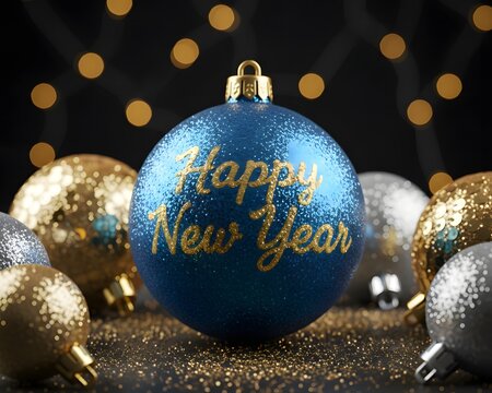A beautifully arranged New Year themed scene featuring a prominent blue ornament inscribed with "Happy New Year" in elegant gold lettering. Happy New Year.