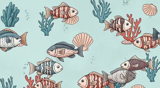 Animated ocean scene background featuring cartoon fish, corals, and shells ideal for creative