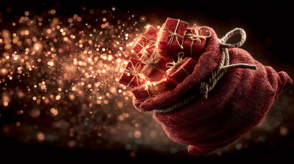 Sack of Christmas Gifts with Sparkling Lights, Santa's Gift Bag with Sparkles, Magical Christmas Gifts Overflowing from Sack
