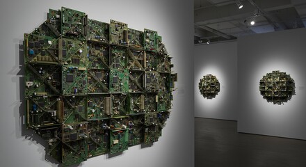 The image displays circuit board art one flat wall hanging and two spherical pieces in an art gallery setting