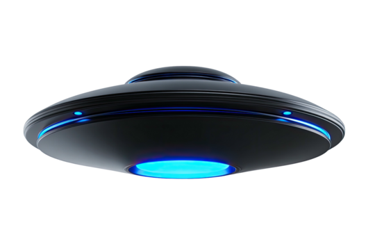 Sleek, dark UFO with glowing blue lights floats in space