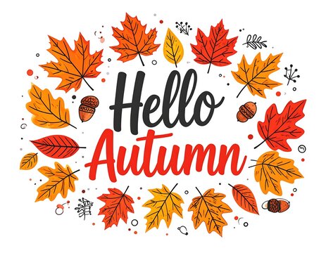 Colorful Autumn Leaves and Acorns Illustration with Greetings and Seasonal Motifs