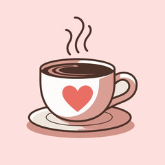 Cute steaming coffee cup with heart on pink background