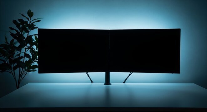 Dual‑monitor minimal workspace with plant silhouette and cool LED glow - Powered by Adobe