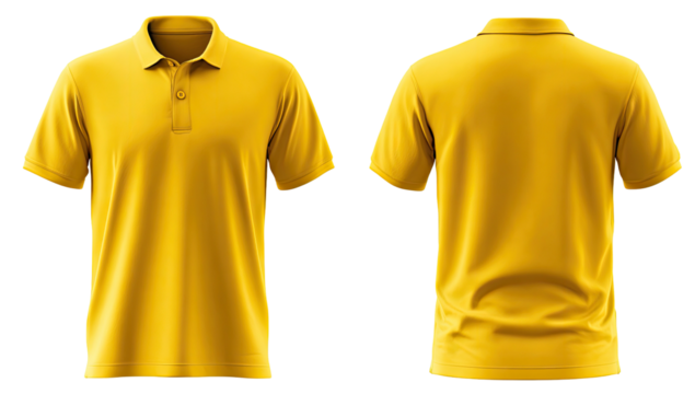 Mustard-yellow polo shirt, front and back views, isolated