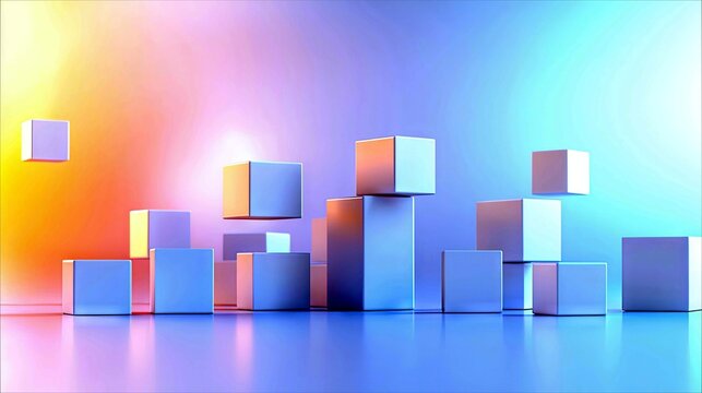 A collection of metallic cubes are arranged in a dynamic composition, reflecting soft, colorful light.