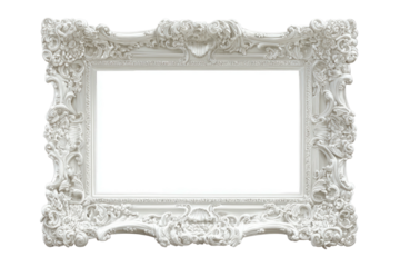 Ornate, white, baroque-style picture frame, empty center