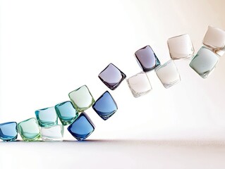 A collection of translucent glass cubes in various shades of blue, green, and purple are arranged in a cascading, flowing pattern.