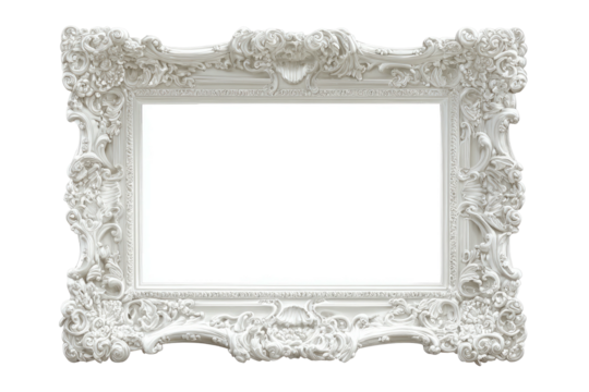 Ornate, white, baroque-style picture frame, empty center