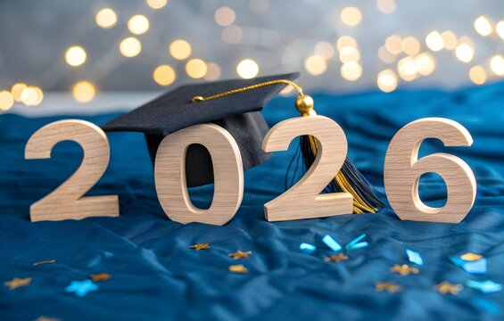 A celebratory graduation scene featuring the new year "2026" wooden 3D letters with a classic black graduation cap perched atop them. Happy New Year 2026.