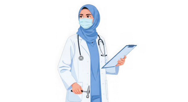 Female doctor in hijab wearing a mask isolated on transparent background