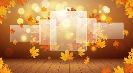 Autumnal scene featuring falling leaves, bokeh, and transparent rectangles.