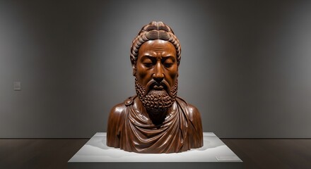 Wooden bust of a man with a beard and draped garment displayed in an art gallery
