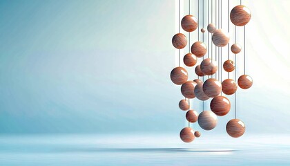 A collection of wooden spheres of varying sizes hang suspended by thin threads, creating an abstract visual display against a pale blue backdrop.