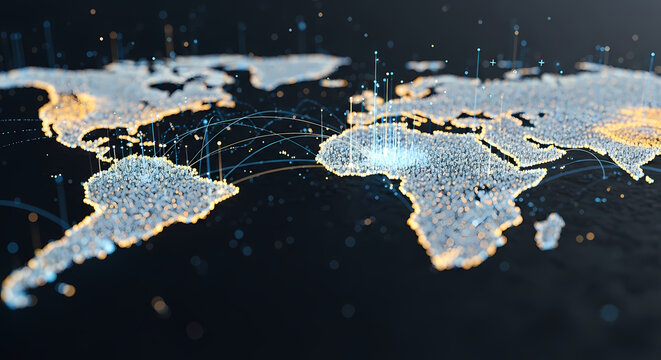 A digital representation of the world map, showcasing interconnected networks and data flow across continents against a dark background.