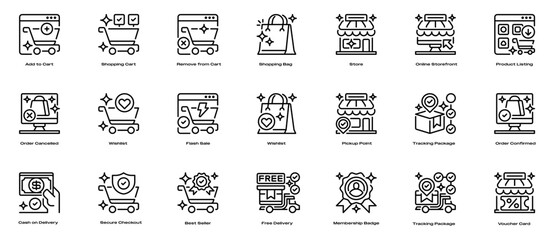 Online Shopping Icon Set Line Icons, Outline Symbols for Digital Purchasing, Product Browsing, Ecommerce Transactions, Customer Checkout, and Retail Operations. Vector Sign Collection.